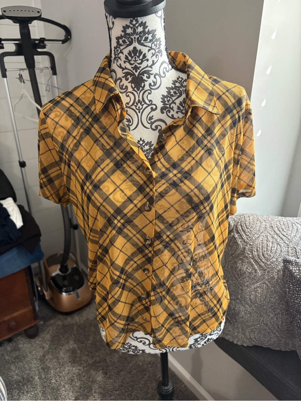 Mustard color Plaid Button-Up Short Sleeve Shirt